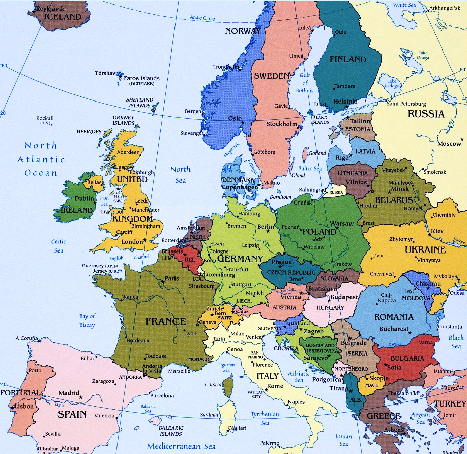 Карта Европы на английском языке - map of europe